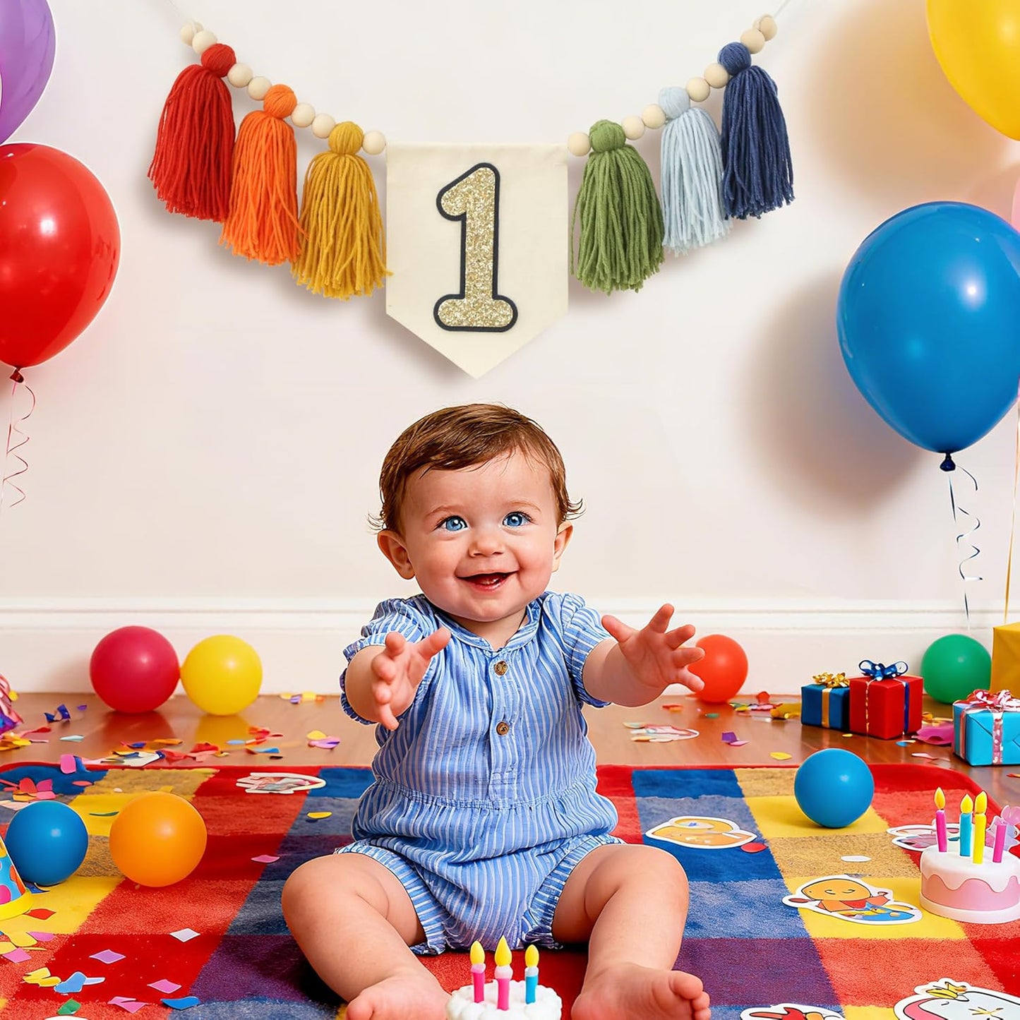 Handmade Rainbow 1st Birthday HighChair Banner Colorful Party Decoration For Girls Boys Baby Shower Kids Bedroom