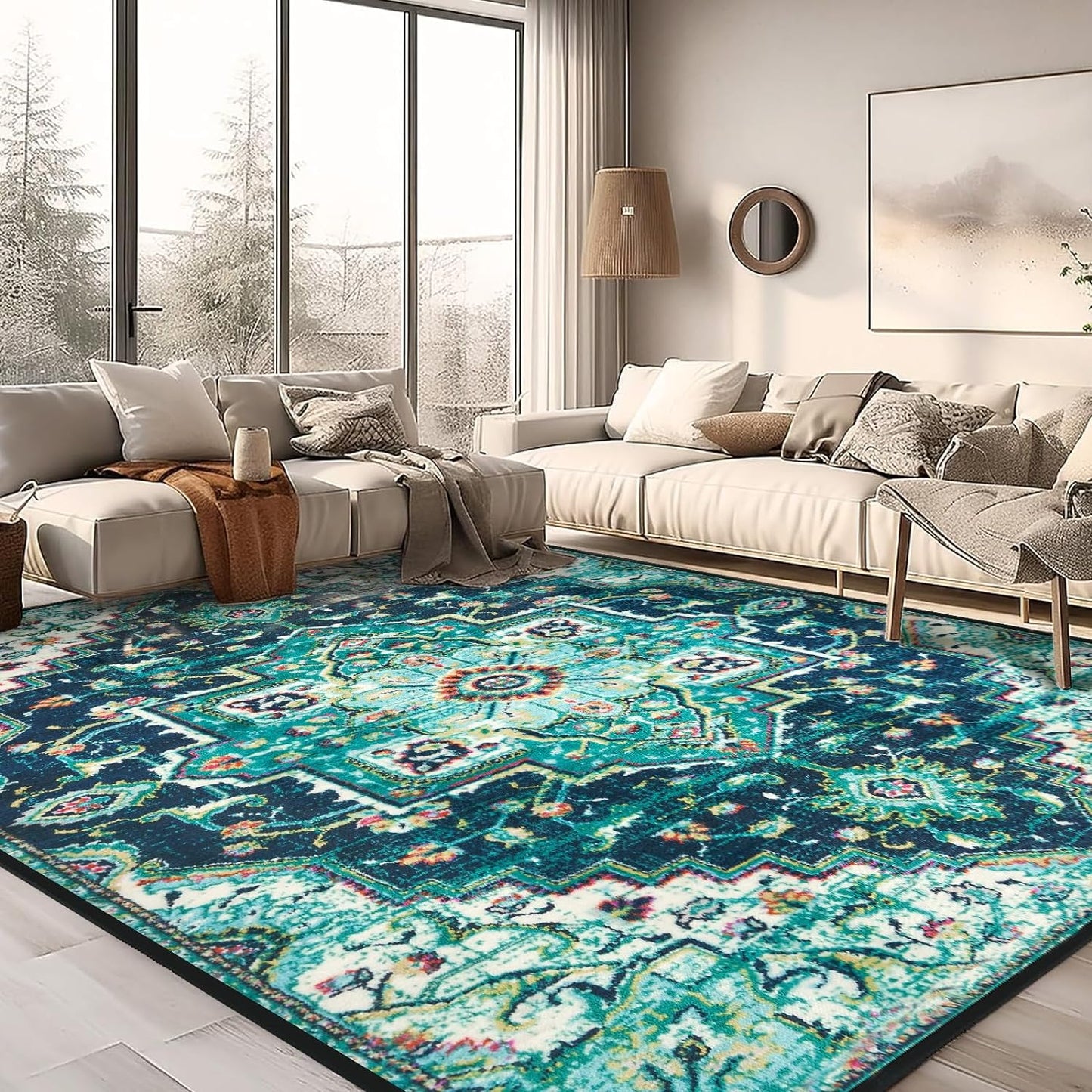 Area Rug 6x9 Washable Living Room Rug, Vintage Soft Boho Non-Slip/Non-Shedding Print Floor Carpet for Dining Room, Bedroom-Green - Retail $90