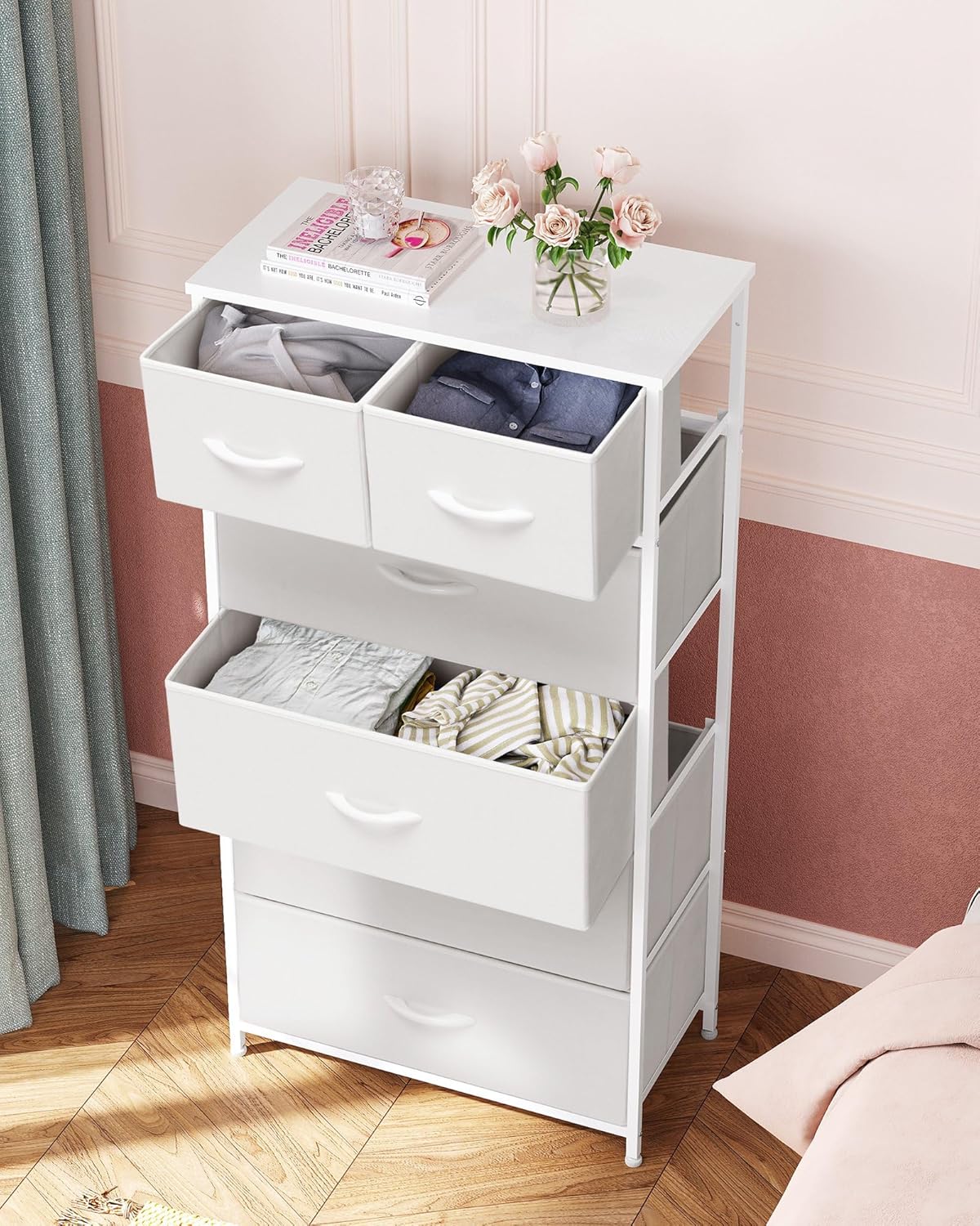 Crestlive Products Tall Dresser for Bedroom Vertical Skinny Dresser - Sturdy Steel Frame, Wood Top, Easy Pull Fabric Bins- Organizer Unit for Bedroom, Entryway, Closets - 6 Drawers (White)