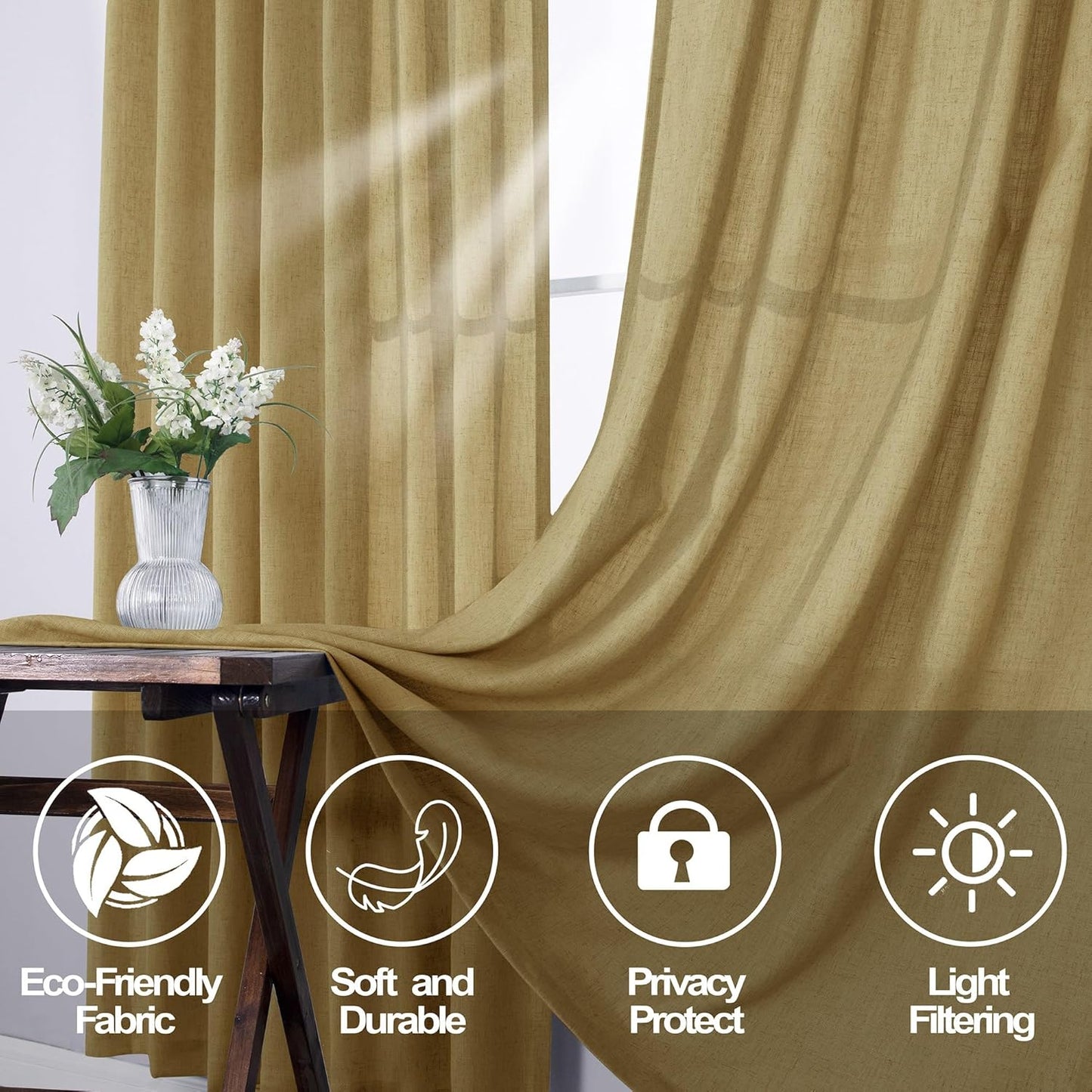 Mrs.Naturall Tan Back Tab Linen Blend Sheer Curtains for Bedroom 52x108 Inches Long