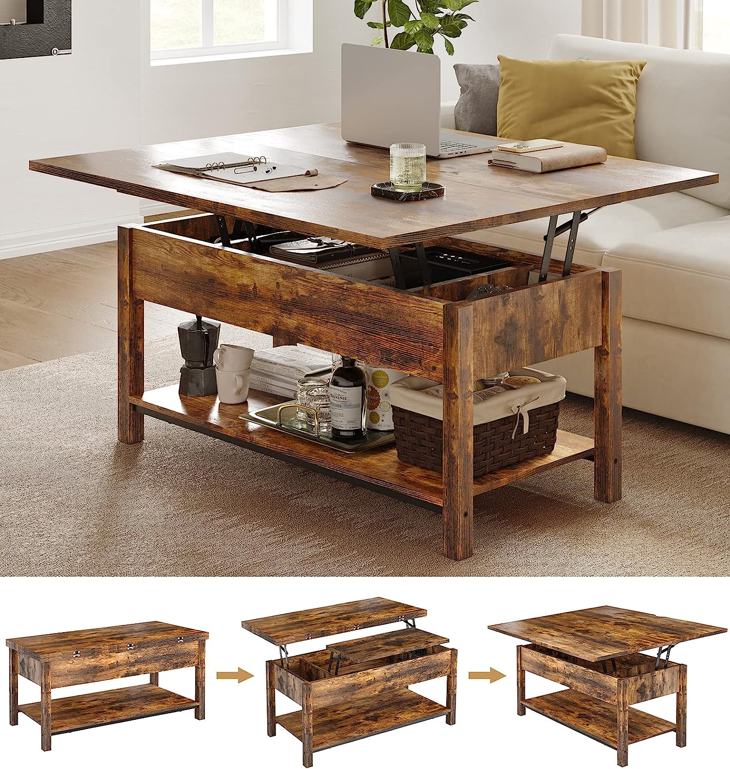 NEW - FABATO Lift Top Coffee Table, 4-in-1 Convertible Coffee Table with Storage - Retail $250