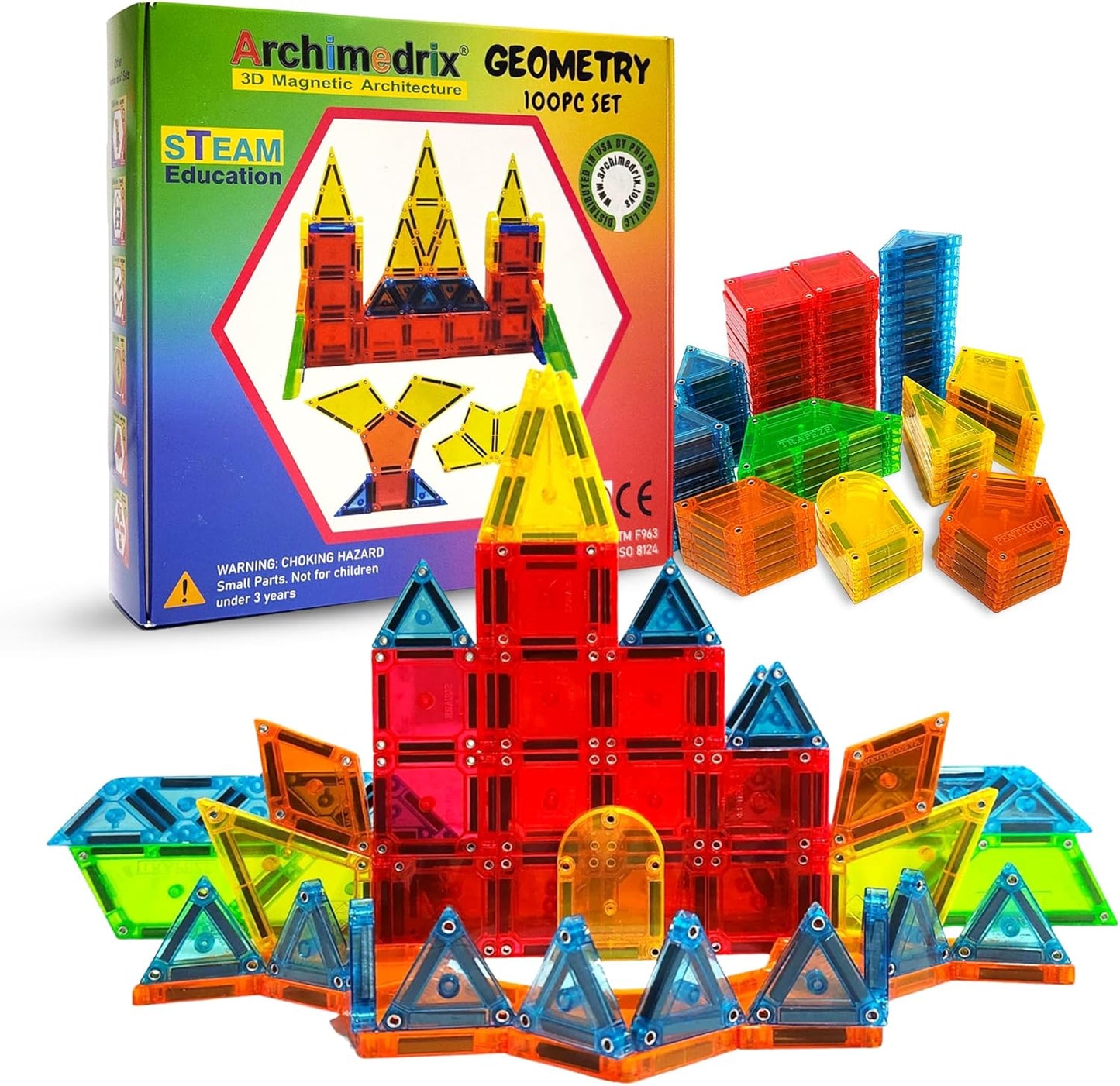 Geometry Magnetic Tiles Building Blocks, Lightweight Magnetic Shapes for Kids, Phthalate and Lead-Free Magnetic Building Tiles for Kids, Durable Magnetic Blocks, 100 Pieces