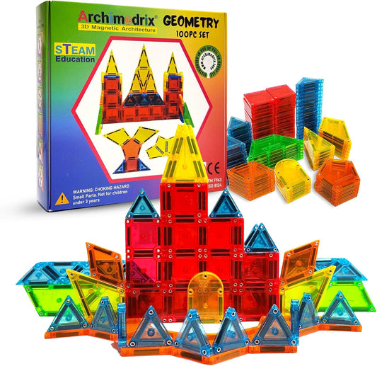 Geometry Magnetic Tiles Building Blocks, Lightweight Magnetic Shapes for Kids, Phthalate and Lead-Free Magnetic Building Tiles for Kids, Durable Magnetic Blocks, 100 Pieces