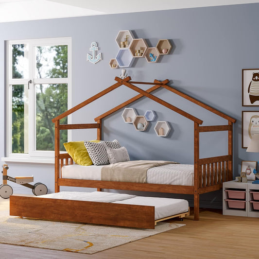 SPOFLYINN Full Size House Bed with Twin Size Trundle, Wooden House Bed Frame with Roof Headboard for Boys Girls Teens Bedroom Furniture (Mattress Not Included) Waln - Retail $367