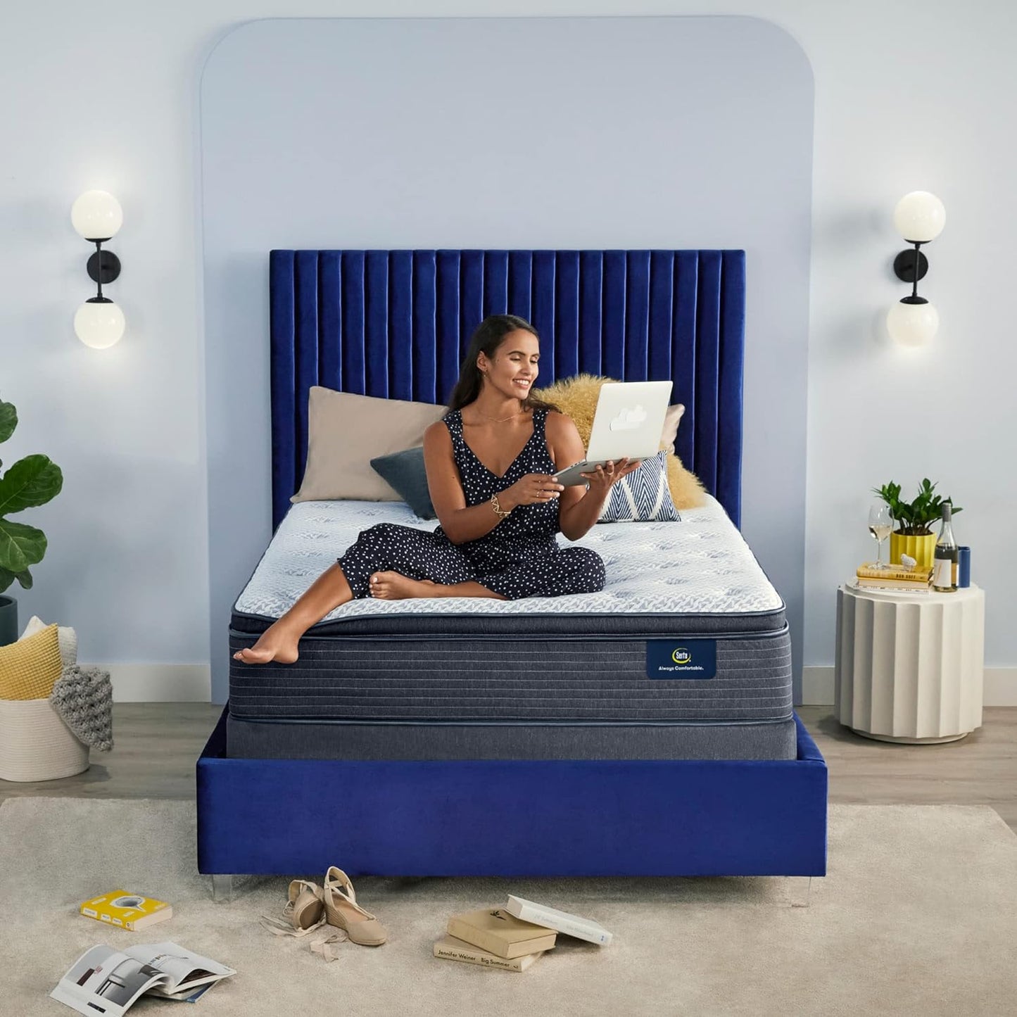 NEW - Serta - 15 Inch FULL Clarks Hill Elite Plush Pillow Top Mattress, Comfortable, Cooling, Supportive, CertiPur-US Certified,White/Blue - Retail $919