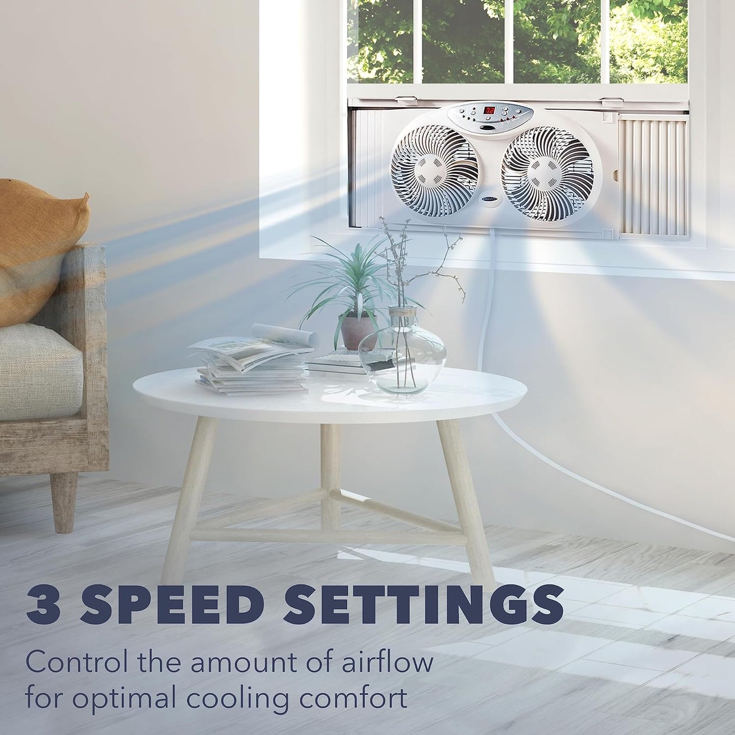 NEW - BIONAIRE Premium Digital 8.5" Twin Window Fan, Reversible Airflow Control, Exhaust and Intake, 3 Speeds, Extender Panels, Programmable Thermostat, LED Temperature Display, Remote Control, Light Grey - Retail $55