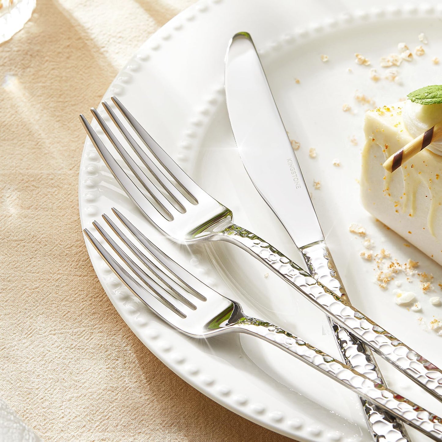 KINGSTONE 60 Piece Hammered Silverware Set, 18/10 Stainless Steel Flatware Set for 12, Cutlery Set for Home, Party, Wedding, Mirror Polished Dishwasher Safe