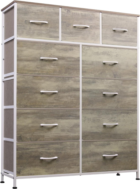 NEW - WLIVE 11-Drawer Dresser, Fabric Storage Tower for Bedroom, Hallway, Closets, Tall Chest Organizer Unit with Textured Print Fabric Bins, Steel Frame, Wood Top, Easy Pull Handle, Greige Oak - Retail $86