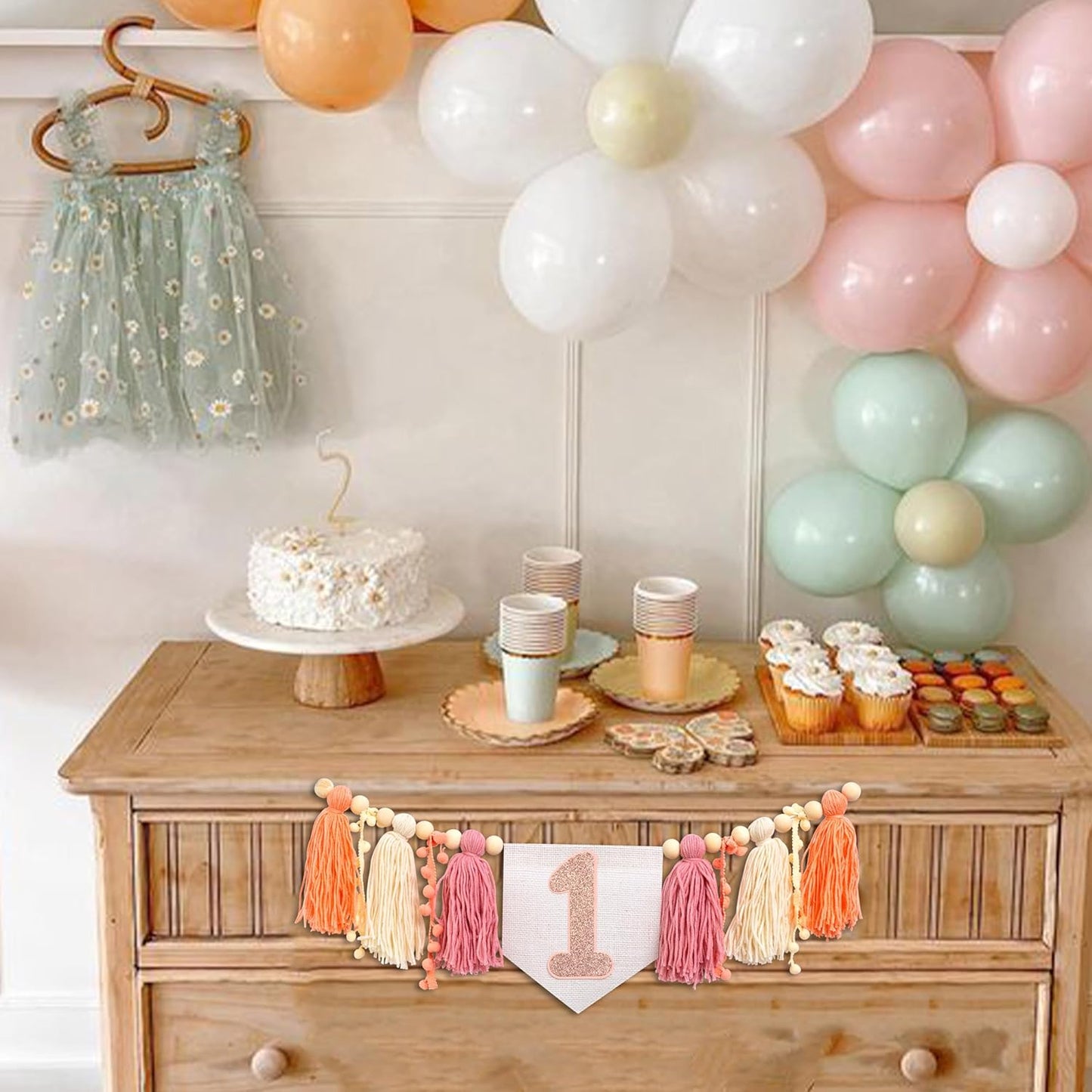 Baby Girl First Birthday High Chair Banner - Pink Tassel Garland,Fairy First Birthday Banner,Wall Hangings Decorative for Kids Photo Props