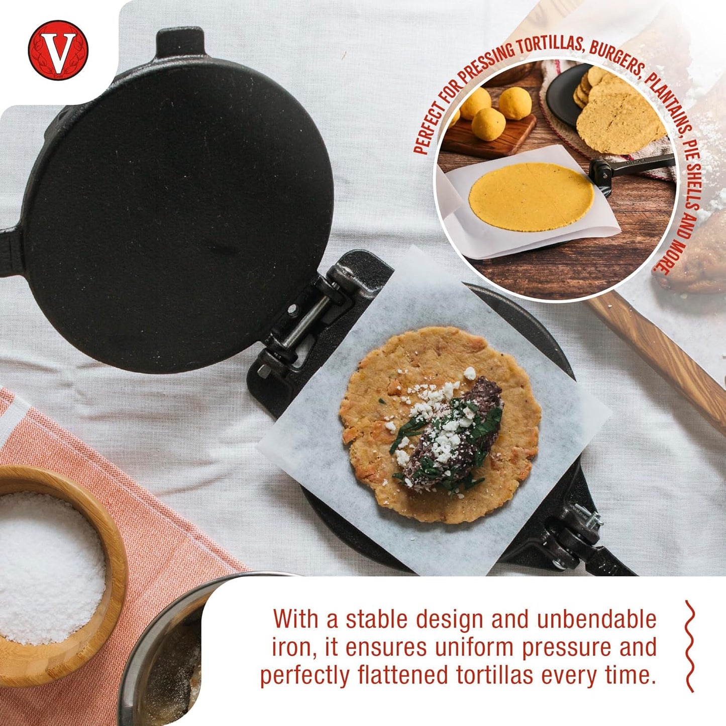 Victoria 8 Inches Cast Iron Tortilla Press, Roti Maker and Tortilladora, Pataconera Seasoned with Flaxseed Oil, Made in Colombia