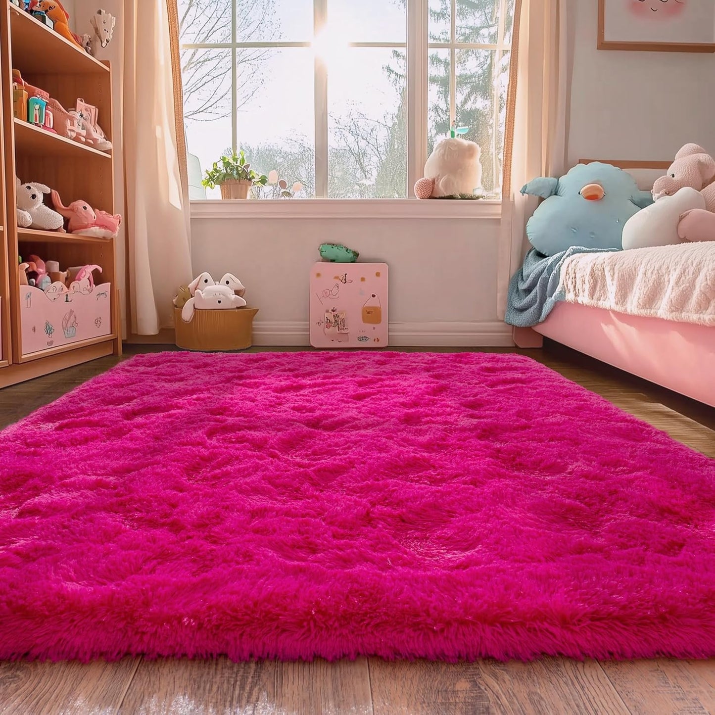 Hot Pink Fluffy Rug for Bedroom 5x7 ft - Ultra Soft & Non Slip Shaggy Area Rug, Comfy Girls Room Carpet for Living Room Kids Room Teens Dorm Home Decor, 1.7'' Thick Indoor Plush Carpets