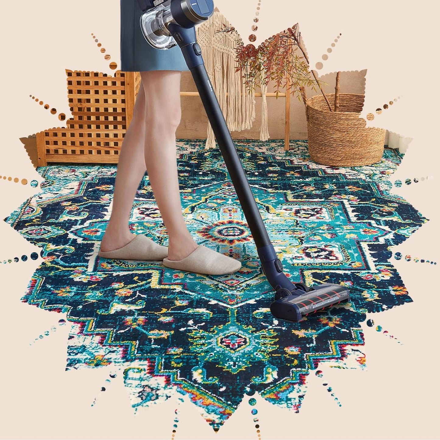 Area Rug 6x9 Washable Living Room Rug, Vintage Soft Boho Non-Slip/Non-Shedding Print Floor Carpet for Dining Room, Bedroom-Green - Retail $90