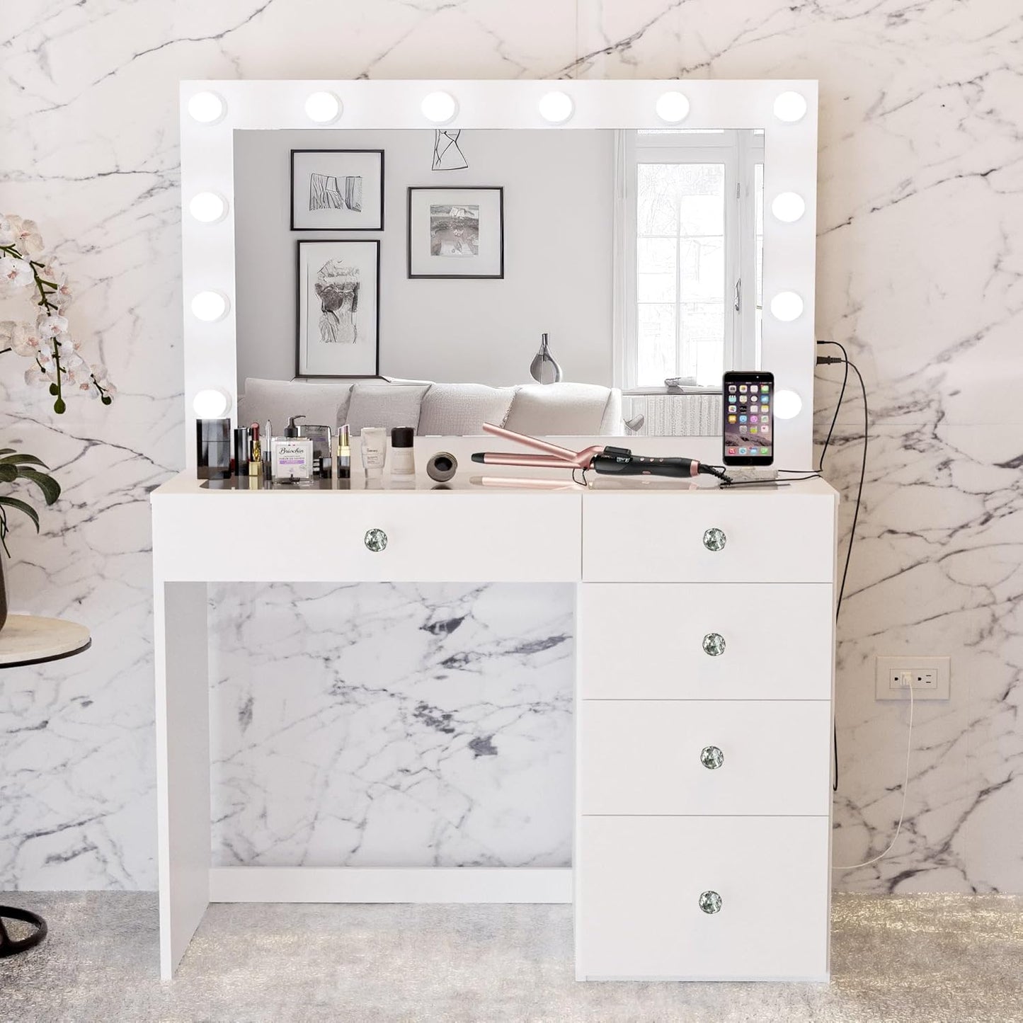 NEW W/ DMG - Boahaus Alana White Makeup Vanity Desk with Mirror and Lights, Crystal Knobs, 5 Drawers for Ample Storage, Glas Top, Elegant White Dressing Table with Mirror for Bedroom - Retail $245