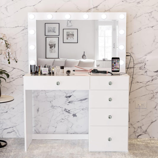 NEW W/ DMG - Boahaus Alana White Makeup Vanity Desk with Mirror and Lights, Crystal Knobs, 5 Drawers for Ample Storage, Glas Top, Elegant White Dressing Table with Mirror for Bedroom - Retail $245