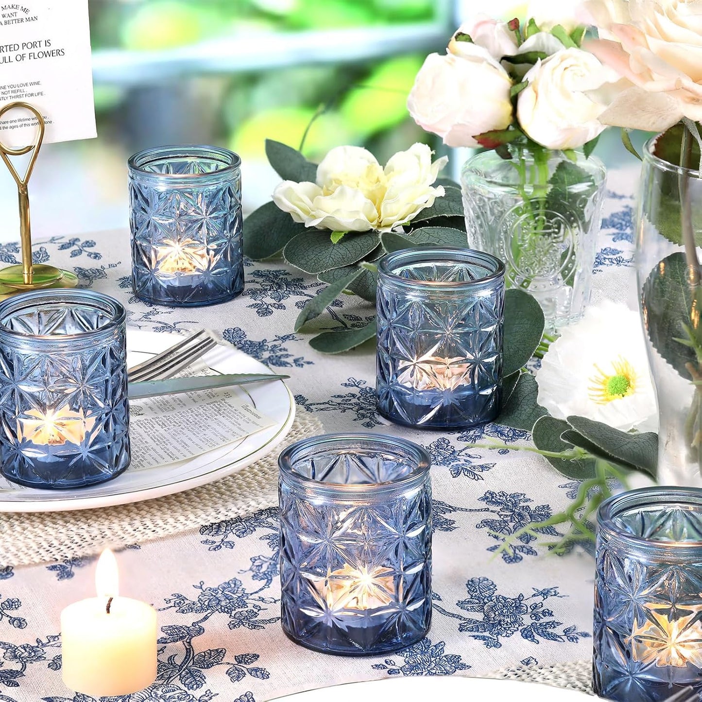 12 Pack Blue Votive Candle Holders,Vintage Blue Candle Holders