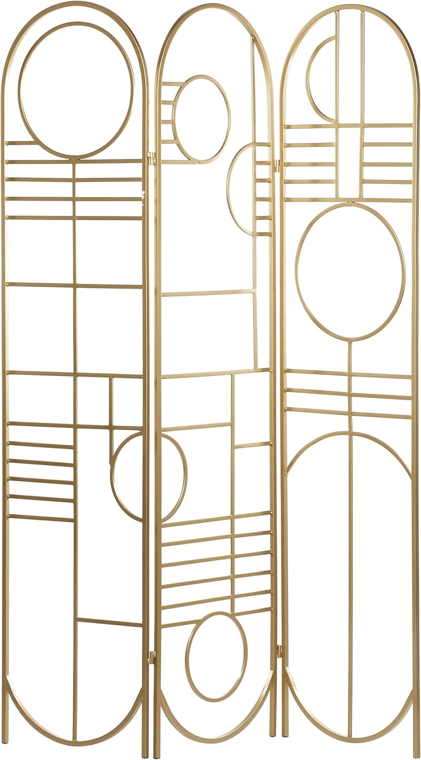 NEW - Deco 79 Metal Geometric Partition Room Divider Screen Hinged Foldable Arched Partition 3 Panel Privacy Screen, Room Partition 50" x 1" x 69", Gold - Retail $113