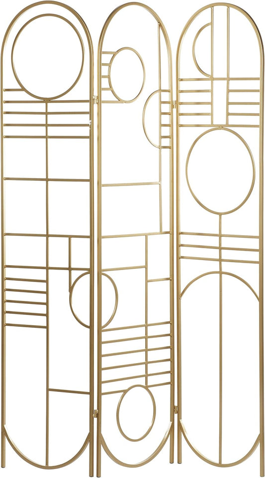 NEW - Deco 79 Metal Geometric Partition Room Divider Screen Hinged Foldable Arched Partition 3 Panel Privacy Screen, Room Partition 50" x 1" x 69", Gold - Retail $113