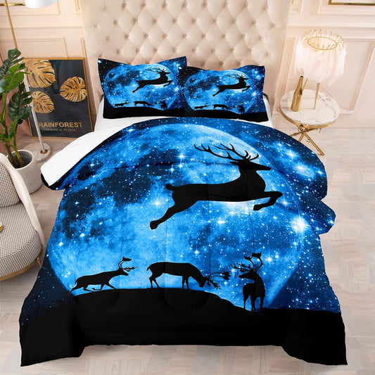 NEW - NINENINE QUEEN Galaxy Deer Comforter, Blue Moonlight Bedding Sets,Outer Space Bedding Set with 1 Comforter 2 Pillowcases
