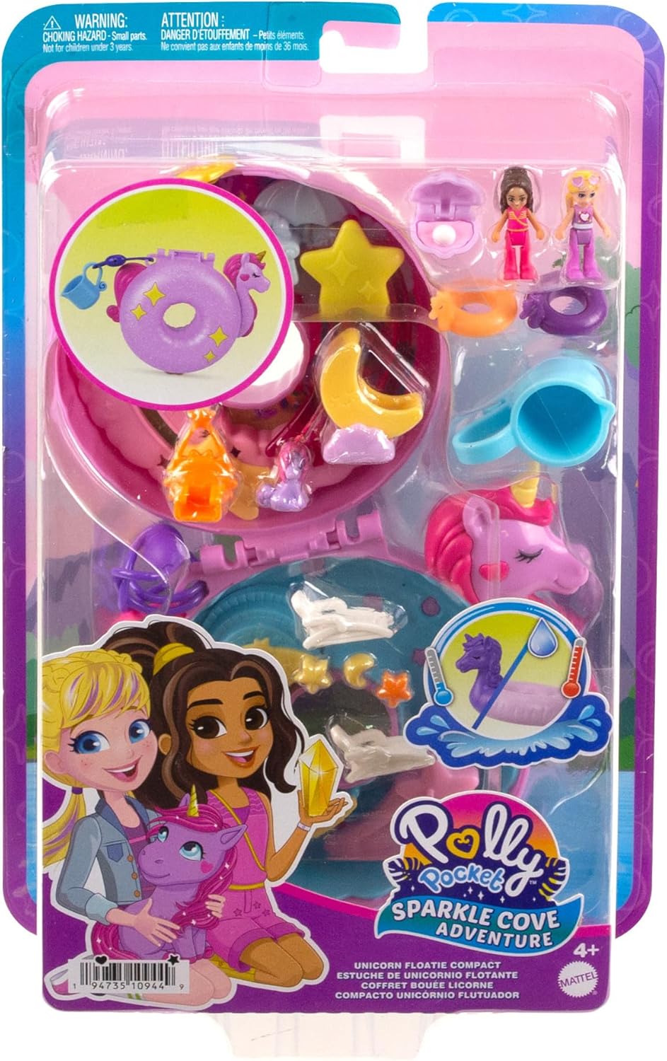 Polly Pocket Sparkle Cove Adventure Unicorn Floatie Compact Playset with 2 Micro Dolls & 12 Accessories, Including 2 with Color Change