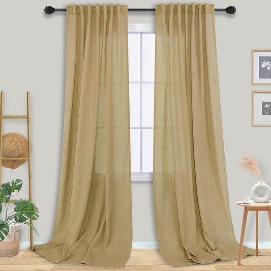 Mrs.Naturall Tan Back Tab Linen Blend Sheer Curtains for Bedroom 52x108 Inches Long