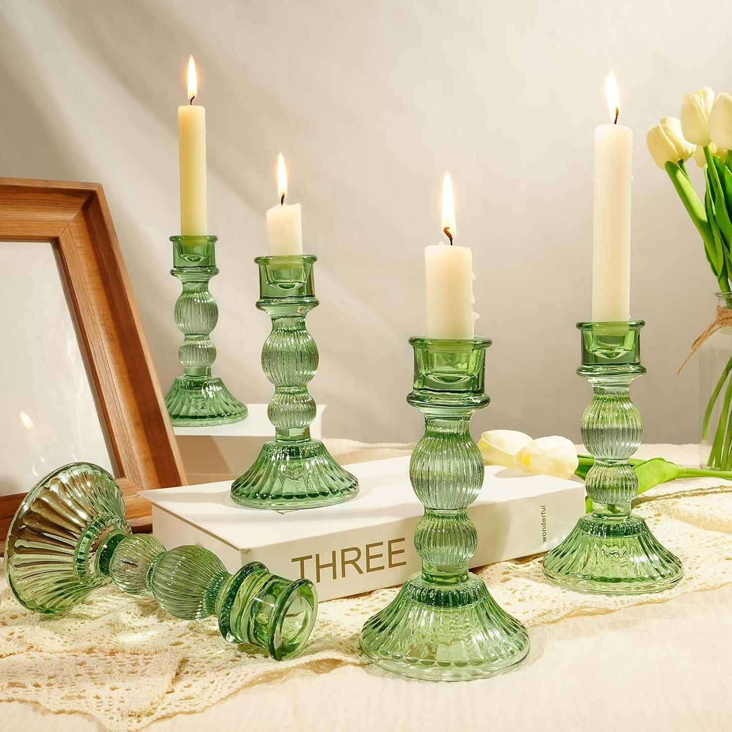 6" H Glass Candle Holder Set of 3, Taper Candles Holders - Candle Stick Holders for Home Decor Wedding Party & Table Centerpieces (Green, 3 Pcs)