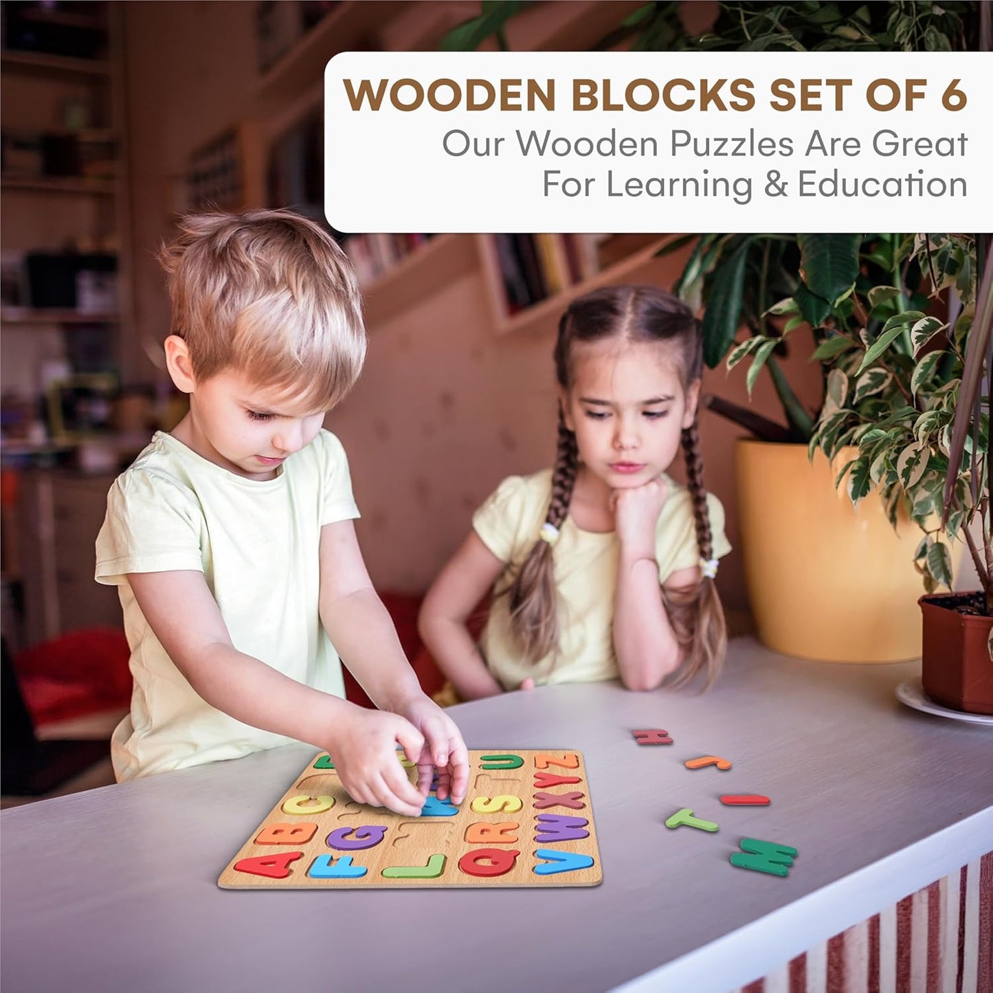 Wooden Number Alphabet Blocks (6 Pc) - Multicolor, Safe Pre-School Child Puzzles, Real Wood (3+ Age)