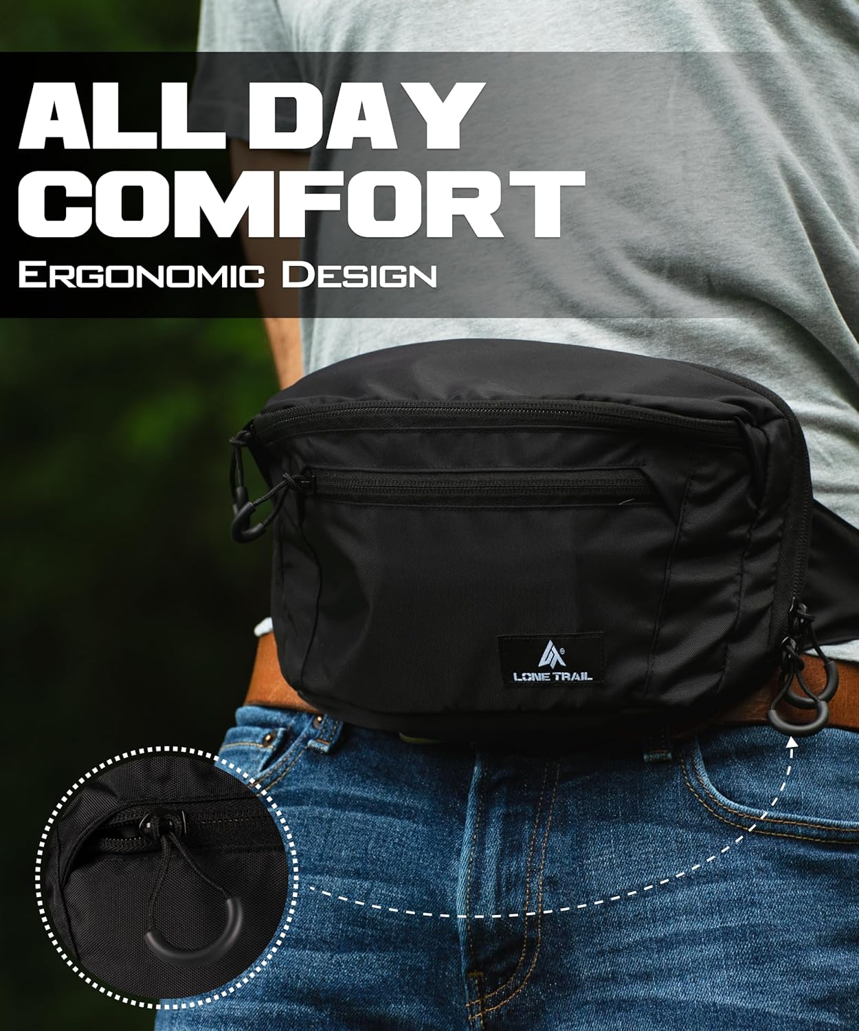 Lone Trail Large Concealed Carry Fanny Pack for Men | Adjustable ccw fanny pack for Men & Women for Hiking and Travel, Quick Access Back Pockets - Tactical Waist Packs - Utility Holder & Extra Strap