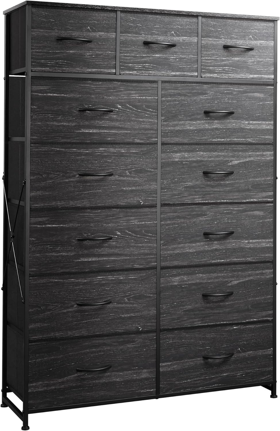 NEW - WLIVE Tall Dresser for Bedroom with 13 Drawers, Storage Dresser Organizer Unit, Fabric Dresser for Bedroom, Closet, Chest of Drawers, Steel Frame, Wood Top, Charcoal Black Wood Grain Print - Retail $110