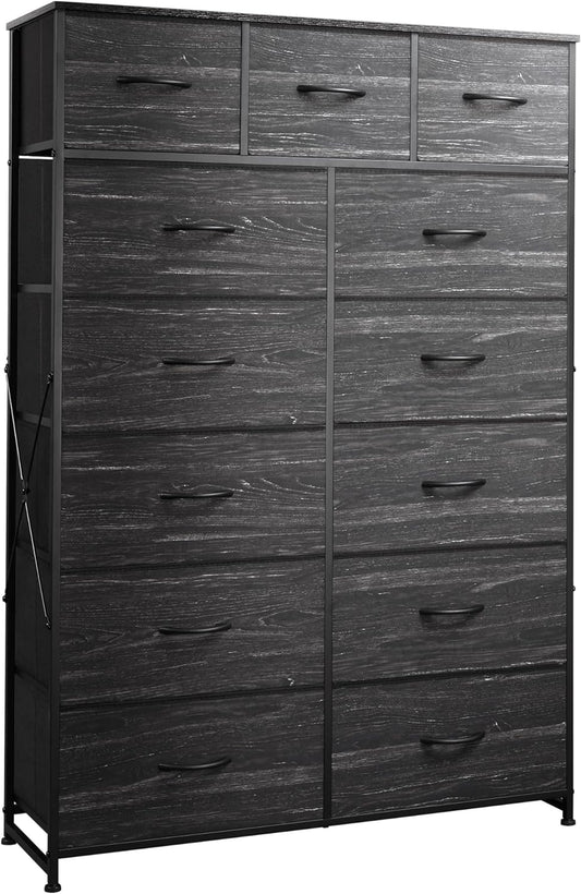 NEW - WLIVE Tall Dresser for Bedroom with 13 Drawers, Storage Dresser Organizer Unit, Fabric Dresser for Bedroom, Closet, Chest of Drawers, Steel Frame, Wood Top, Charcoal Black Wood Grain Print - Retail $110
