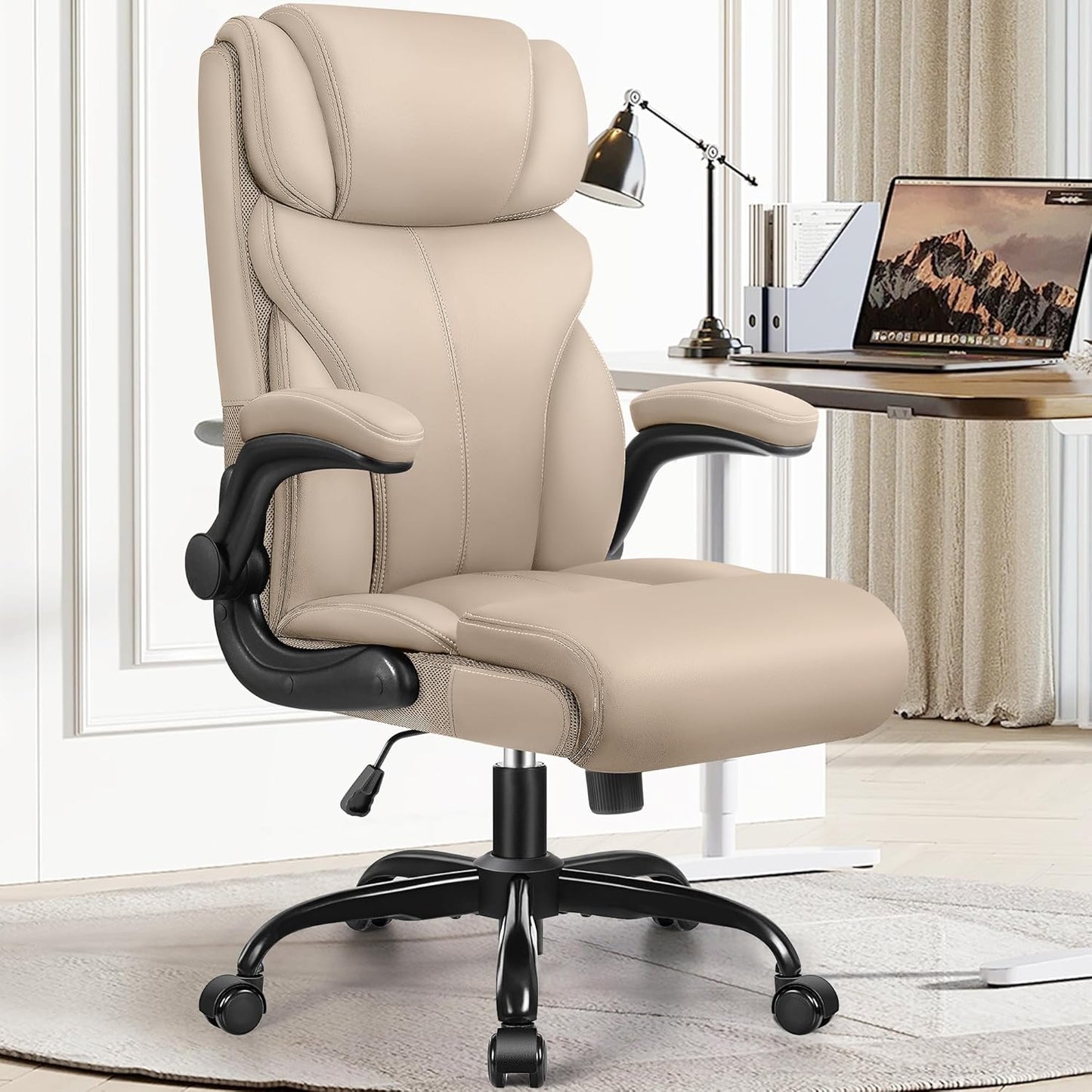 Office Chair, Ergonomic Big and Tall Computer Desk Chairs, Executive Breathable Leather Chair with Adjustable High Back Flip-up Armrests, Lumbar Support Swivel PC Chairs with Rocking Function - Retail $170
