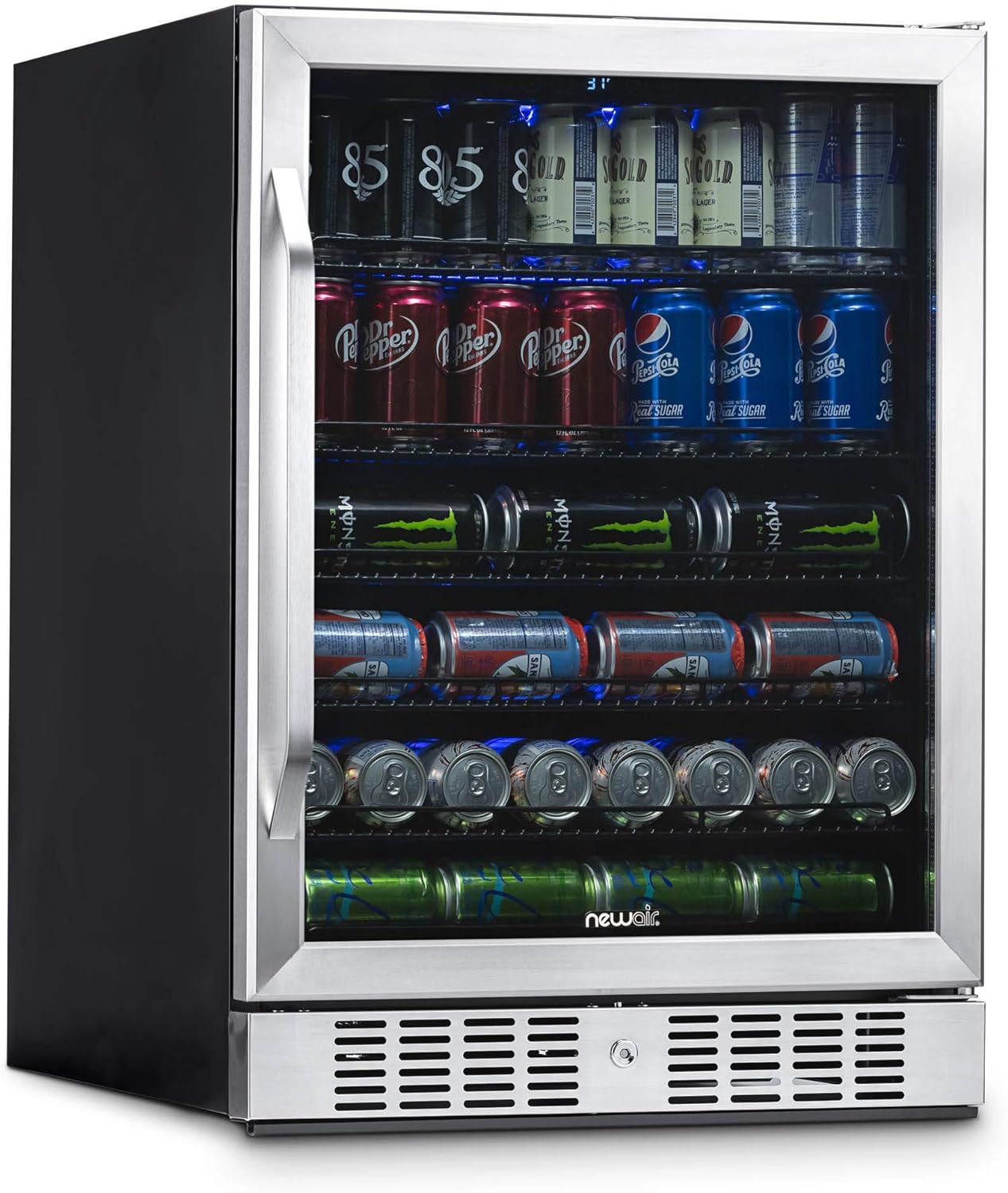 NEW - NewAir Beverage Refrigerator Cooler with 177 Can Capacity - Stainless Steel Mini Bar Beer Fridge with Reversible Hinge Glass Door - Cools to 37F - Retail $715