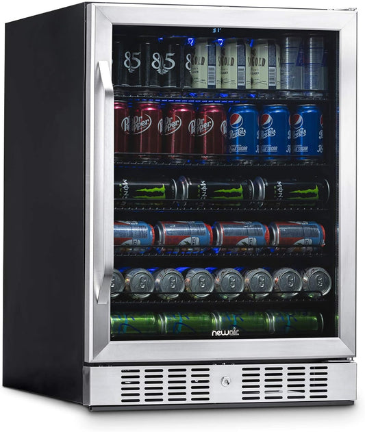 NEW - NewAir Beverage Refrigerator Cooler with 177 Can Capacity - Stainless Steel Mini Bar Beer Fridge with Reversible Hinge Glass Door - Cools to 37F - Retail $715