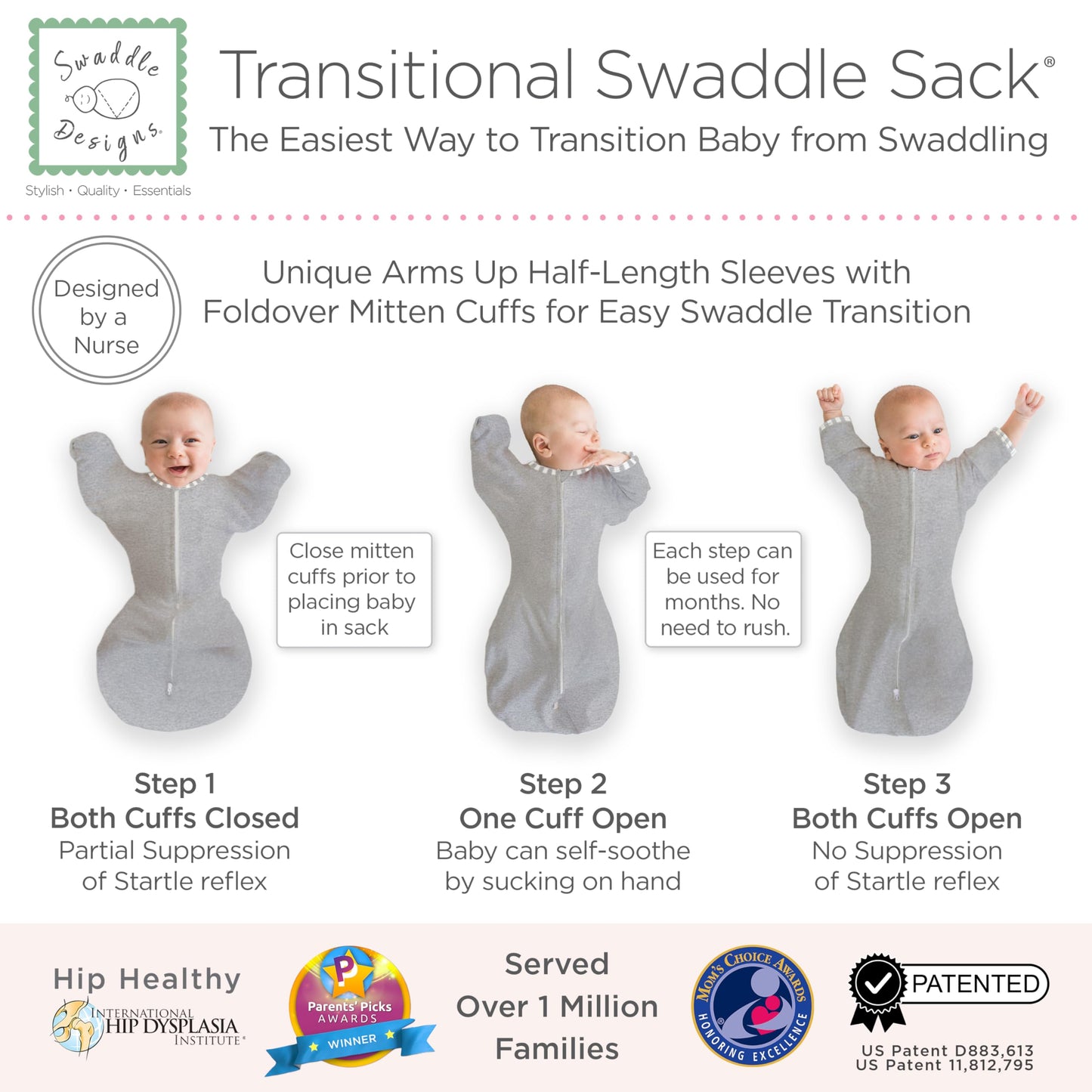 SwaddleDesigns Transitional Swaddle Sack, Arms Up Half-Length Sleeves & Mitten Cuffs, Swaddle for Newborn Transition to Baby Sleep Sack Wearable Blanket, 6-9 Month, 21-24 lb, Gray with Striped Trim