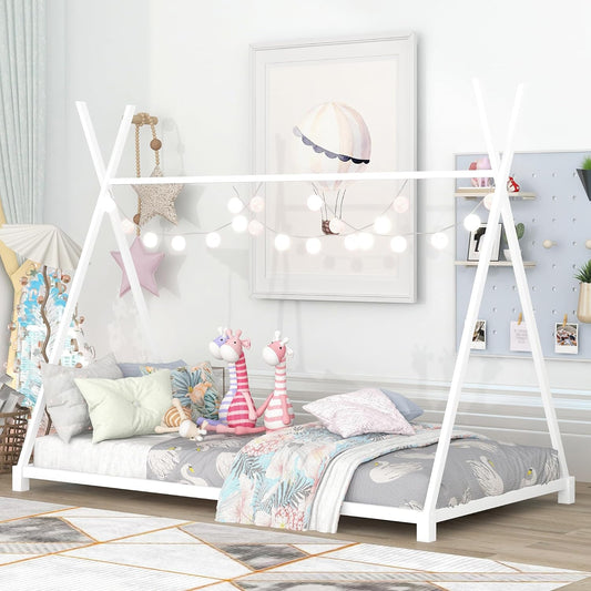 NEW - Montessori Floor Bed Frame Twin Size, Twin Floor Bed with Slats and Triangle Structure, Kids House Floor Bed/Montessori Bed for Kids, Girls, Boys, Twin Floor Bed White - Retail $95