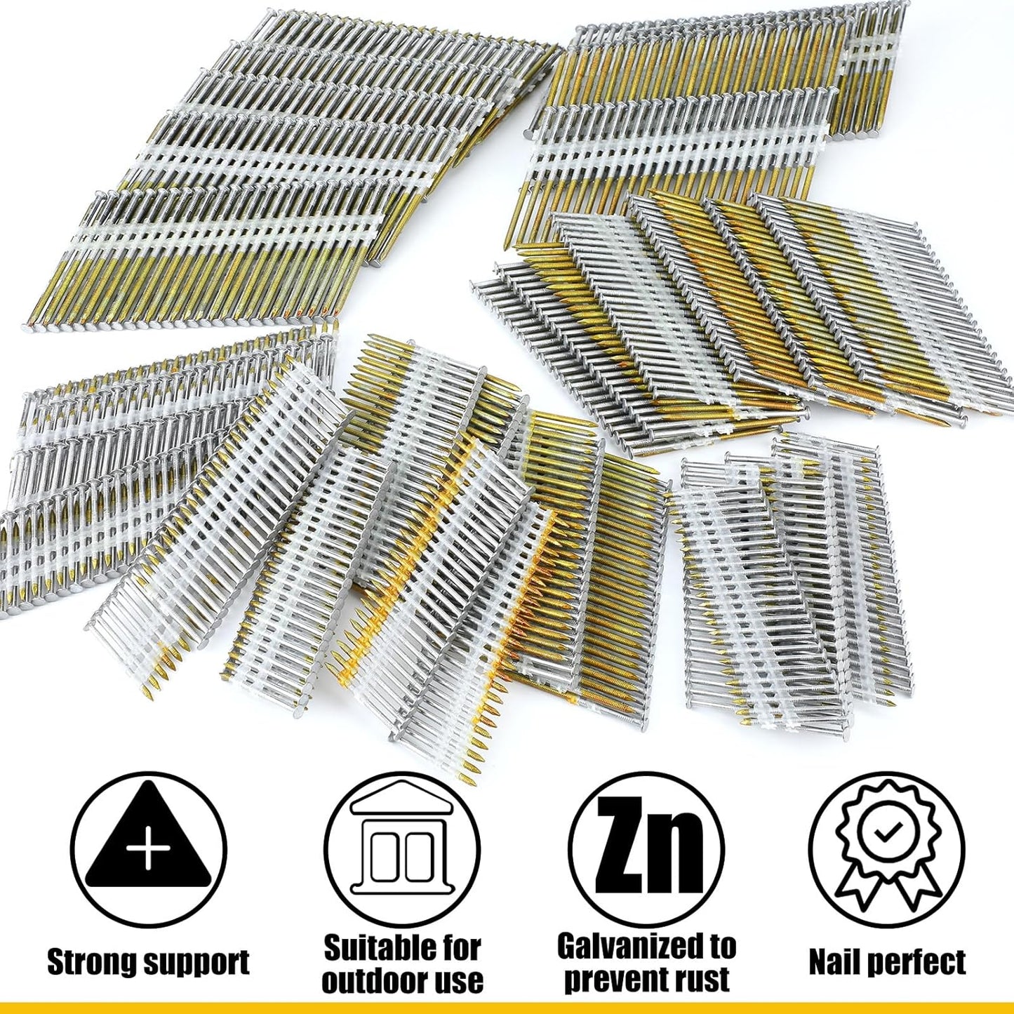 Therwen 1500 Count 21 Degree Framing Nails Ring Shank Nails for Use in All Pressure Treated Lumber, Flat D Head, Galvanized, Plastic Row Fixed (2" 2-1/2" 3")