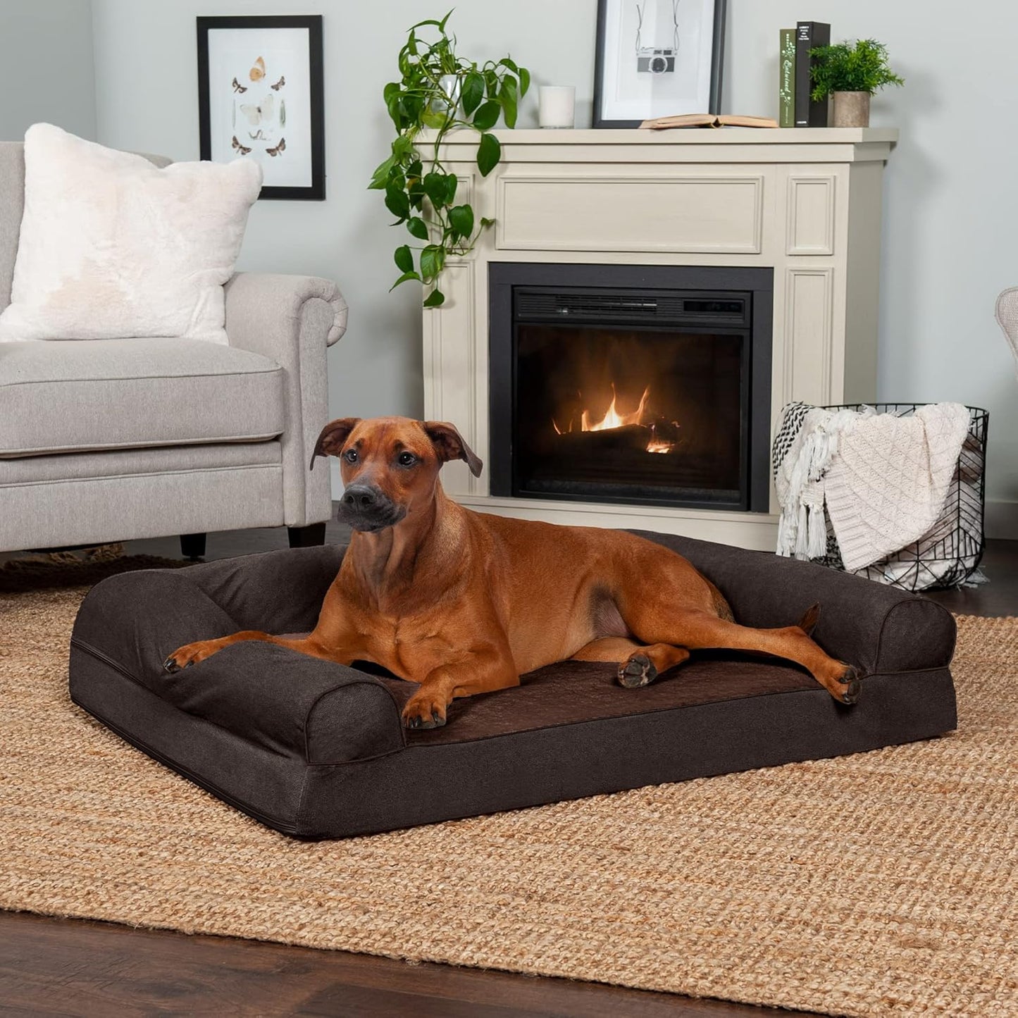 Furhaven Orthopedic Dog Bed for Large Dogs w/ Removable Bolsters & Washable Cover, For Dogs Up to 95 lbs - Sherpa & Chenille Sofa - Coffee, Jumbo/XL