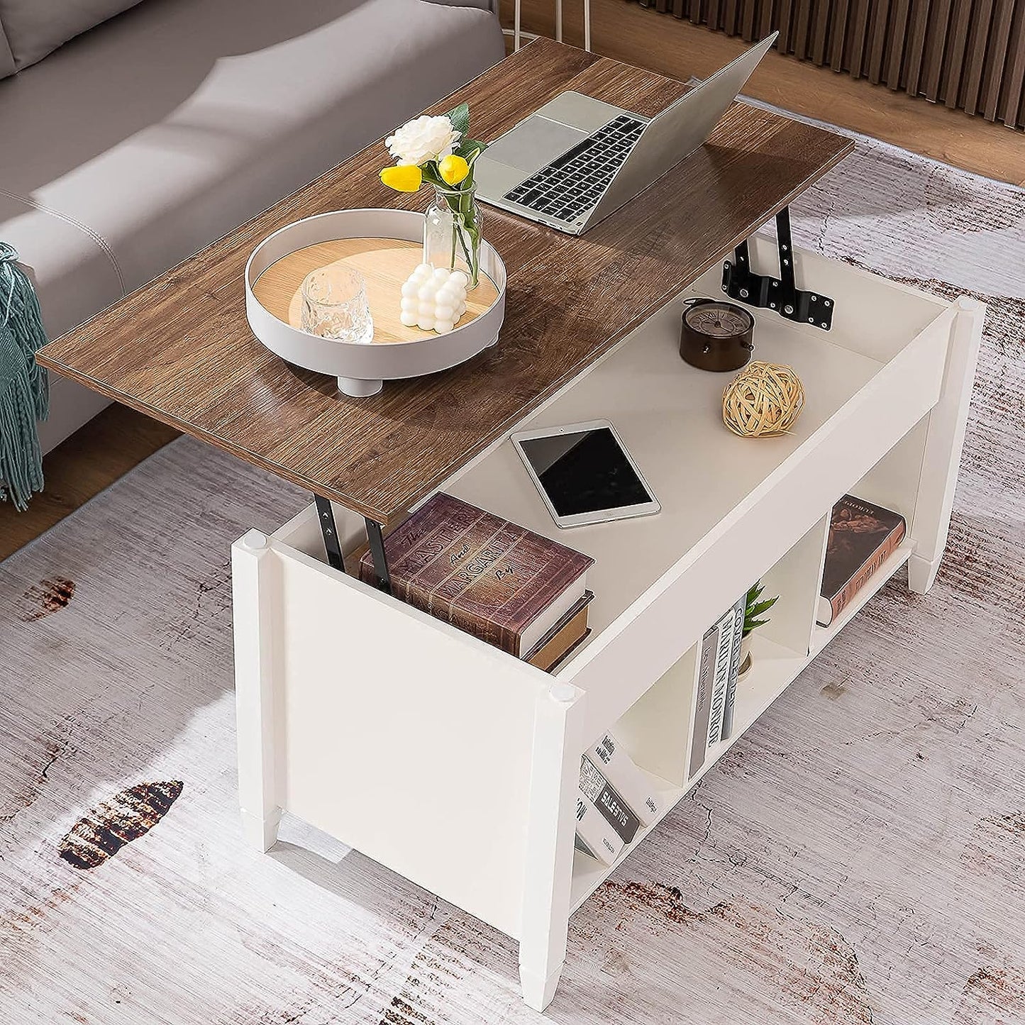 NEW - VINGLI Lift Top Coffee Table, White, with Storage Shelf/Hidden Compartment, Gas Lift Mesa De Centro para Sala Pop Up Coffee Table - Retail $135