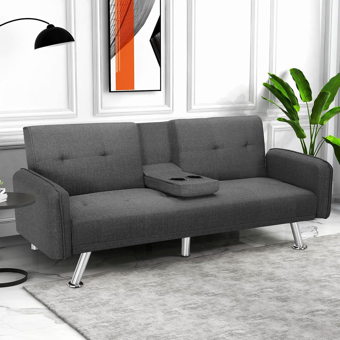NEW - IULULU Futon Sofa Bed, Convertible Couch with 2 Cup Holders Loveseat with Armrest for Studio, Apartment, Office, Living Room, Dark Grey - Retail $266