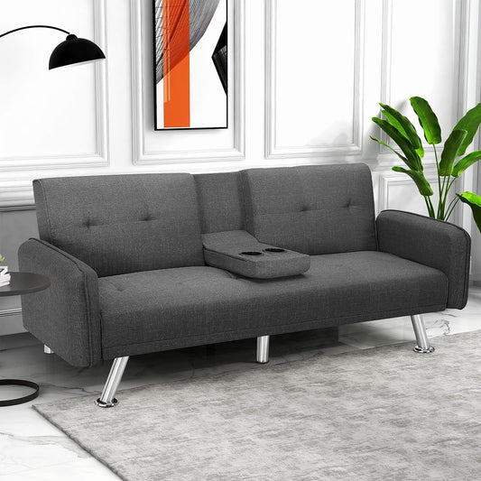 NEW - IULULU Futon Sofa Bed, Convertible Couch with 2 Cup Holders Loveseat with Armrest for Studio, Apartment, Office, Living Room, Dark Grey - Retail $266