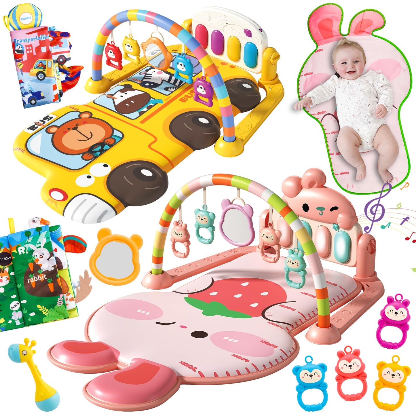 Cartoon Bus Theme Baby Piano mat Kick and Play Gym playmat,Baby Play mat Tummy time mat Fitness Piano with Music and Lights (Bus Baby Play mat(Yellow))