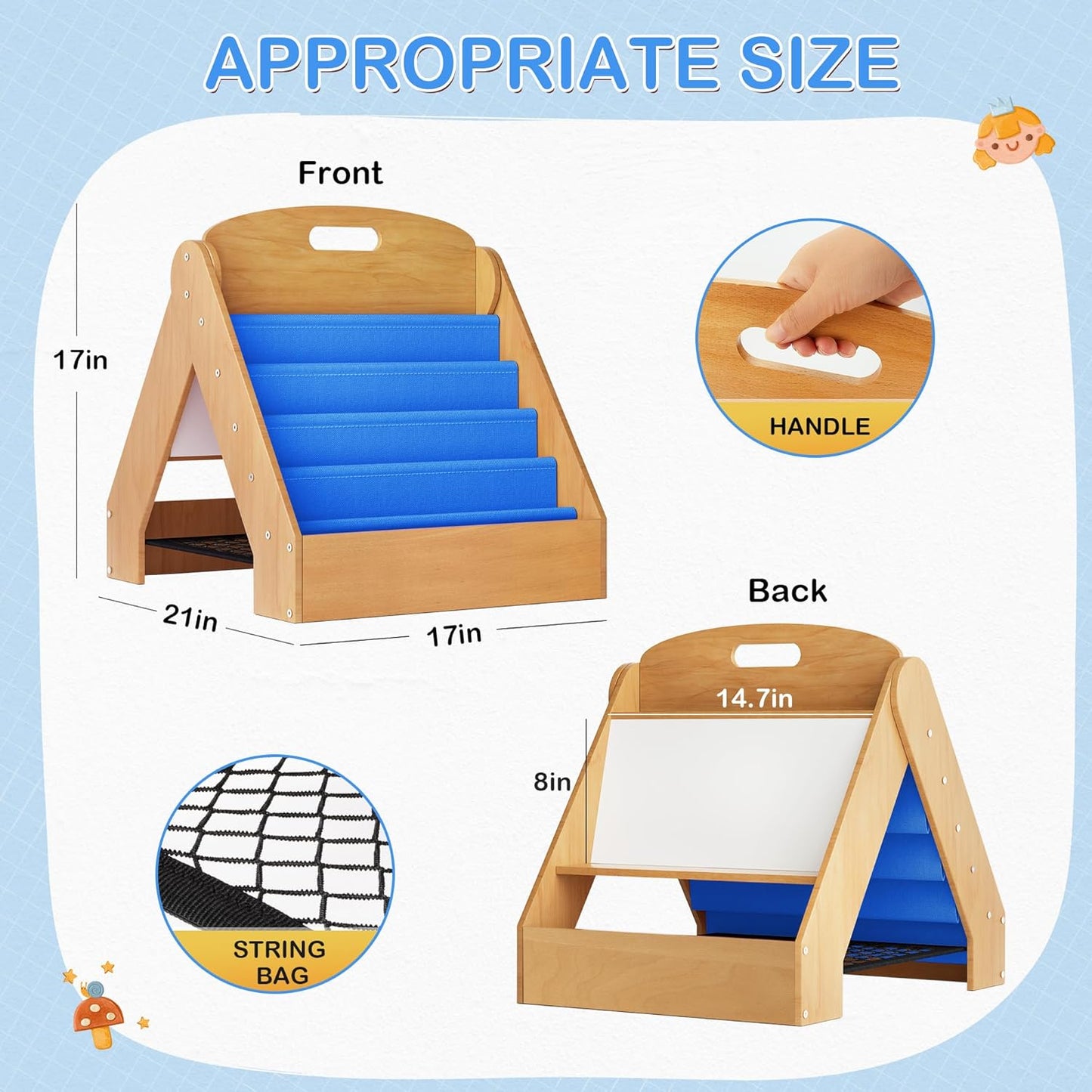 ZIFTY Kids Bookshelf 2-in-1 Design Book Organizer and Easel for Kids, Montessori Book Shelf for Kids Rooms, 4 Tier Bookcase for Age 3+ Girl Boy´s Bedroom Decor, Storage for Small Toys, Blue