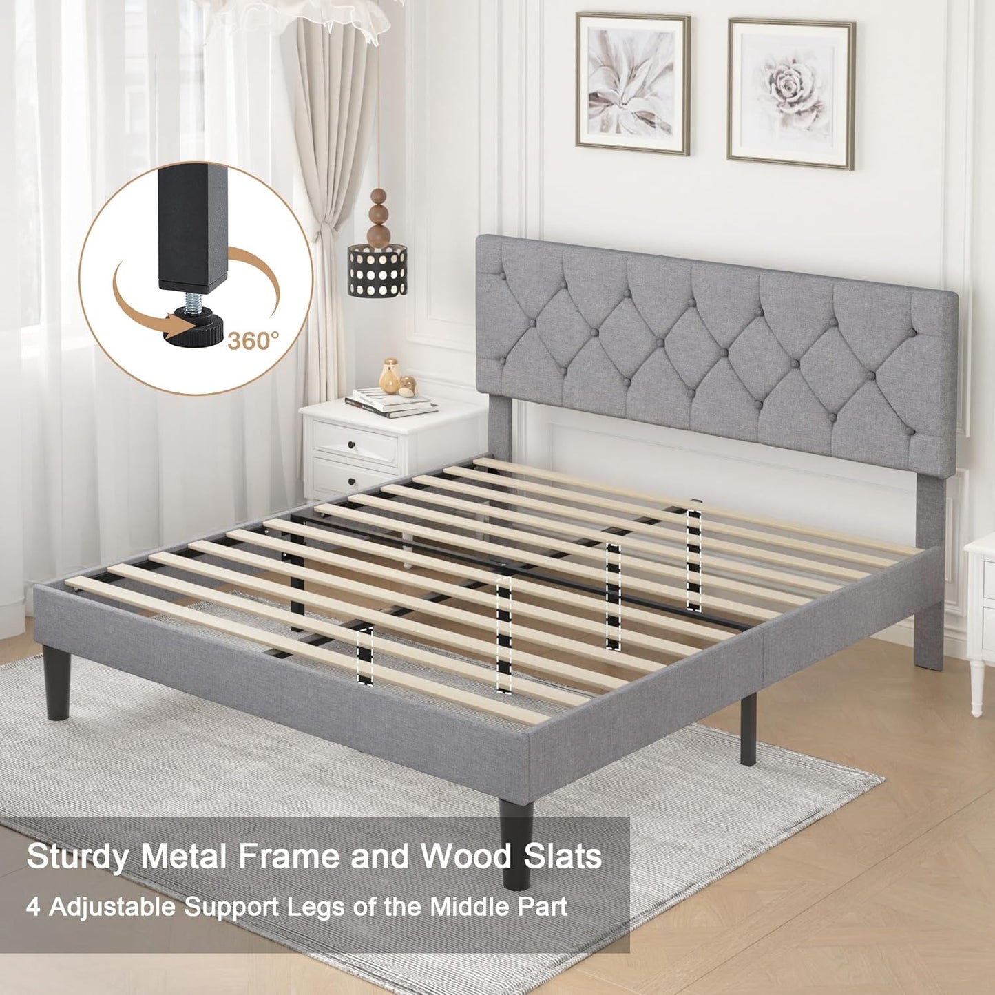NEW - VECELO Full Size Bed Frame with Button Tufted Headboard, Upholstered Platform Bedframe with Wood Slat Support, No Box Spring Needed, Smoky Grey - Retail $160