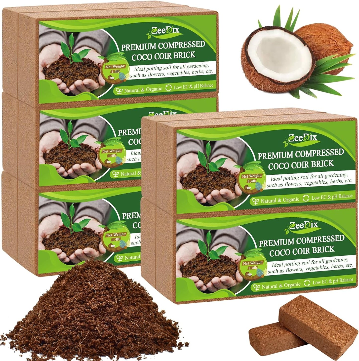 ZeeDix 9 Pack Premium Coco Coir Brick, Organic Compressed Coconut Coir Bricks Seed Starter Potting Soil for Plants, Coconut Fiber Substrate with Low EC & pH Balance for Gardening Flower Herbs
