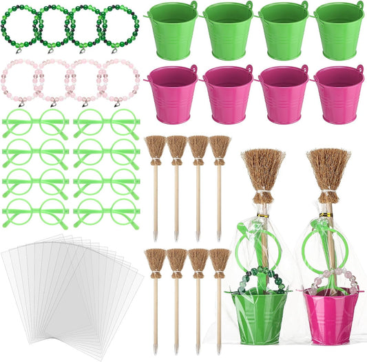 Weysat 32 Pcs Witch and Princess Party Favors Gifts Including Broom Pencils Green and Pink Friendship Matching Bracelets Eyeglass Frames and Small Iron Bucket for Birthdaby Halloween Party Decoration