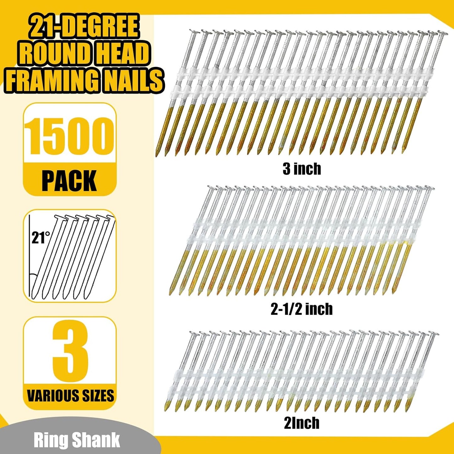 Therwen 1500 Count 21 Degree Framing Nails Ring Shank Nails for Use in All Pressure Treated Lumber, Flat D Head, Galvanized, Plastic Row Fixed (2" 2-1/2" 3")