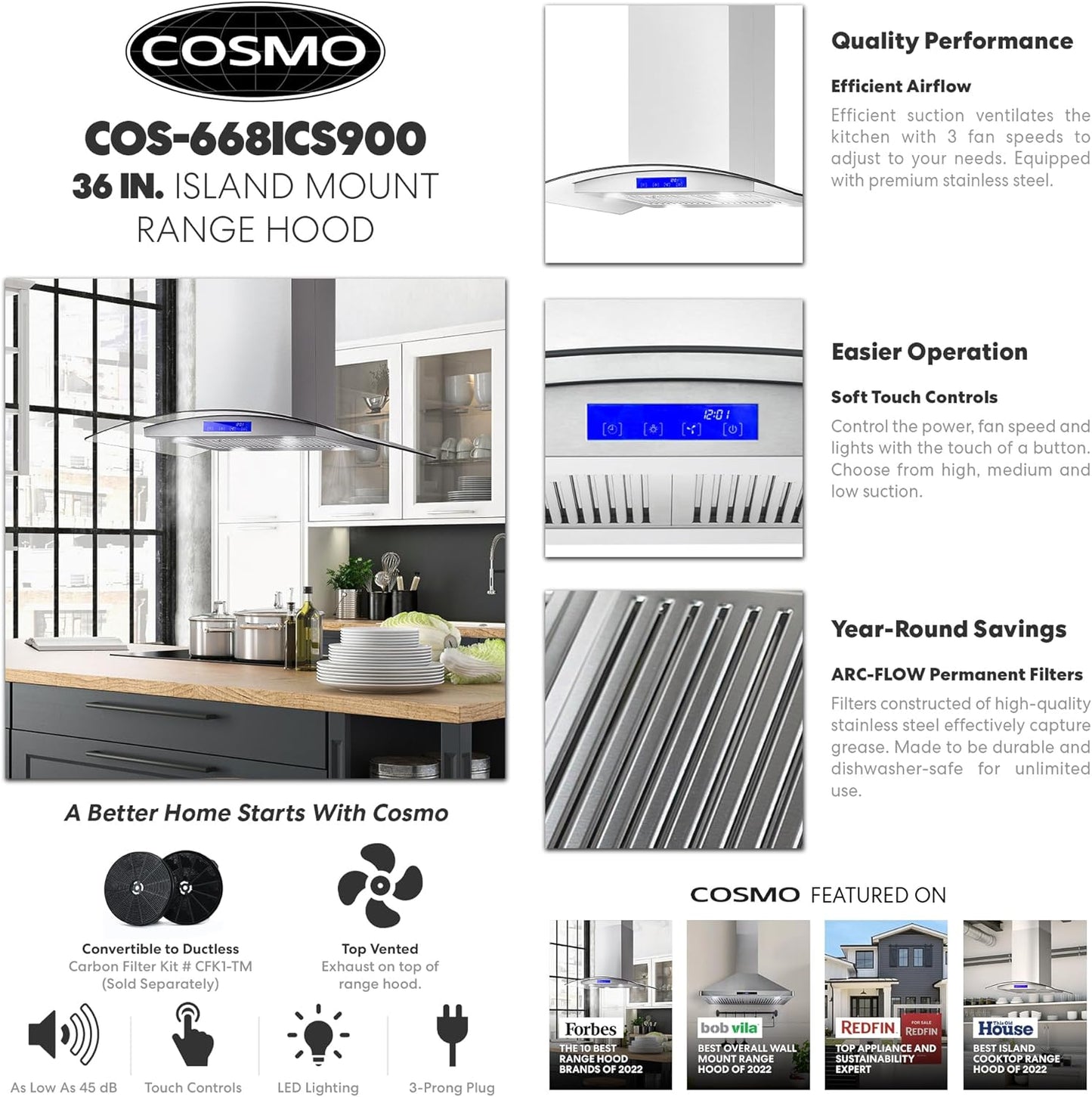 NEW w/ dmg - COSMO 668ICS900 36 in. Island Range Hood with 380 CFM, 3 Speeds, Ducted, Permanent Filters, Soft Touch Controls, LED Lights, Curved Glass Hood in Stainless Steel - Retail $359