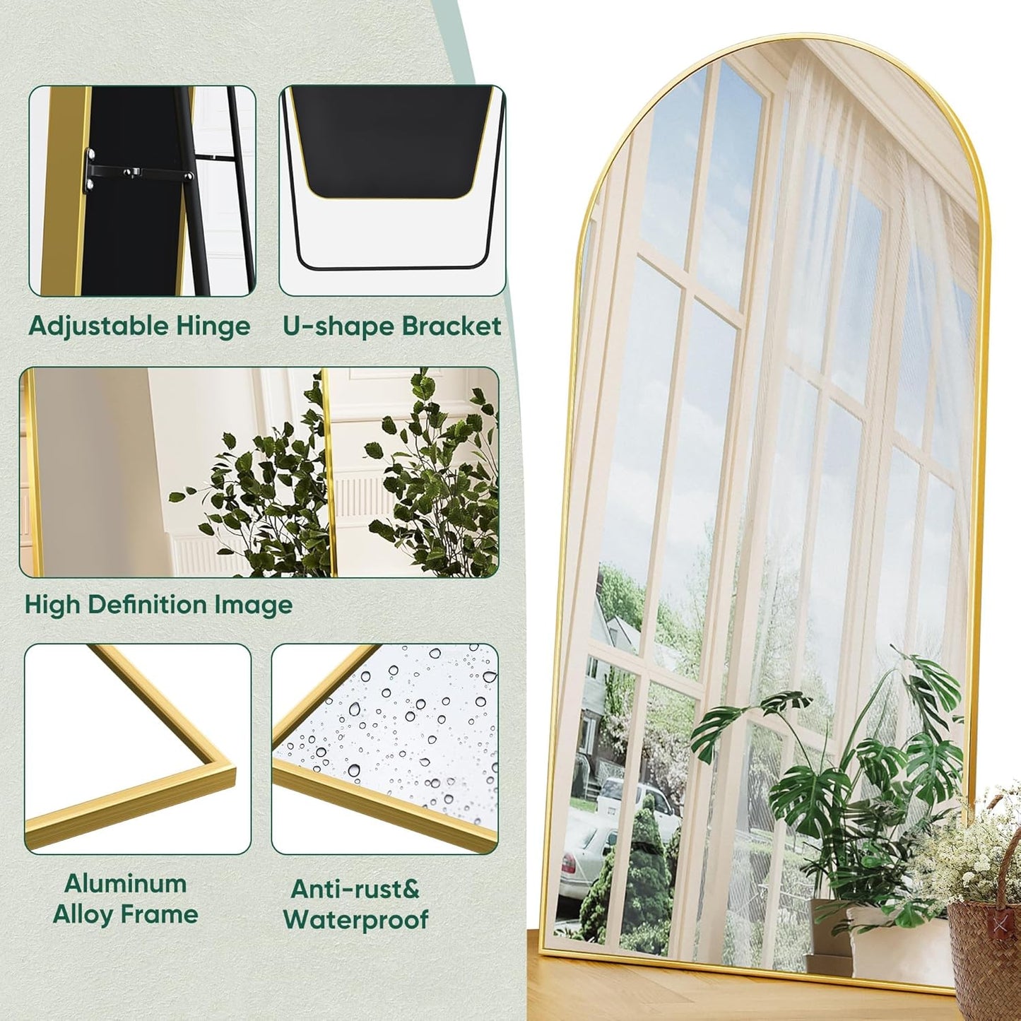Antok Arched Full Length Mirror, 76"x34" Arched Floor Mirror, Glassless Mirror Full Length with Stand, Gold