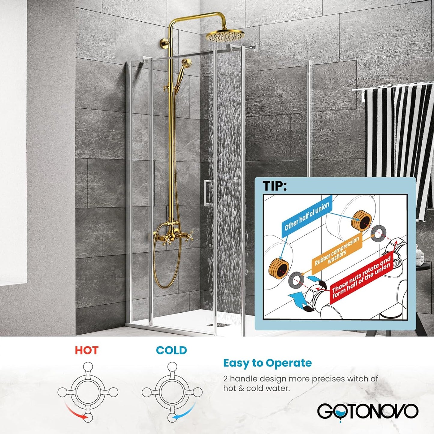 NEW - gotonovo Shower Fixture 8 Inch Rainfall Shower Head with Handheld Spray Polish Gold Dual Knobs Mixer Bathroom Shower Combo Set Wall Mount - Retail $169