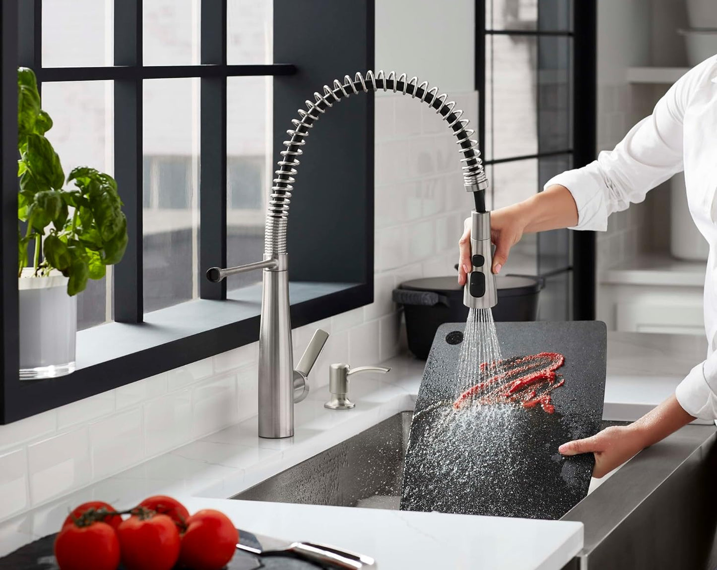 NEW - KOHLER K-R22745-SD-VS Semi-Professional Kitchen Faucet with Soap Dispenser/Lotion Dispenser, Commercial Kitchen Sink Faucet with Pull-Down Sprayhead, Vibrant Stainless - Retail $306