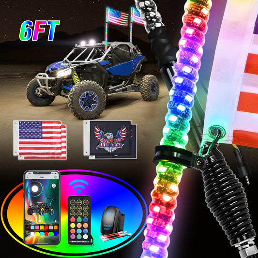 NEW - Nilight 2PCS 6FT RGB LED Whip Light with Spring Base Remote & App Control w/DIY Chasing Patterns Turn Signal & Brake Lights for ATV UTV Polaris RZR Can-am Dune Buggy Jeep - Retail $190